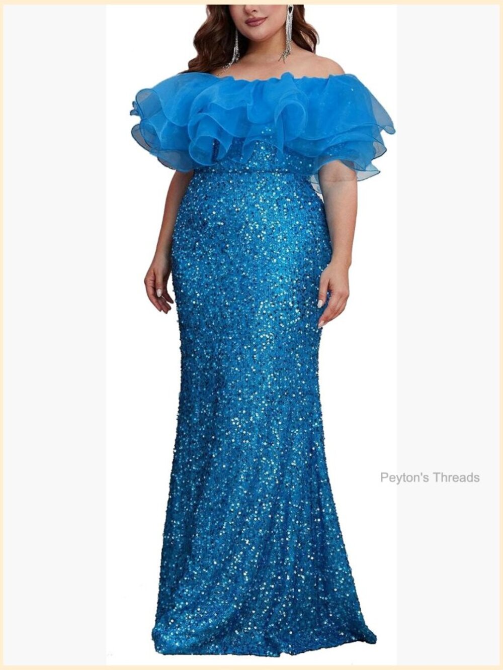 Sequined Off Shoulder Bodycon Maxi Formal Gown Ruffle Dress - Picture 1 of 7